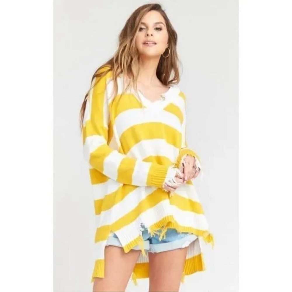 Show Me Your Mumu Womens Delphina Distressed Sweater Rugby Stripe Yellow Size XL